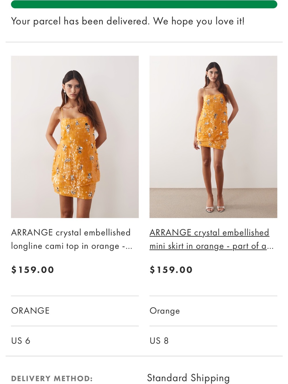 ARRANGE Crystal Embellished Mini Skirt Set in Orange